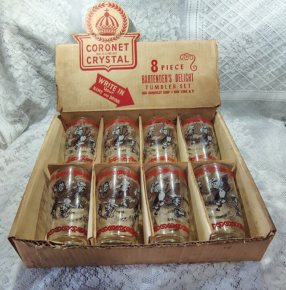 VINTAGE SET IN ORIGINAL BOX CORONET BARTENDER GLASS SET OF 8 GRAPHIC MCM